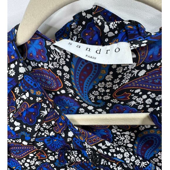 Sandro Paris Silk Paisley Mini Shift Dress in Blue Print Size 2 - Picture 8 of 11